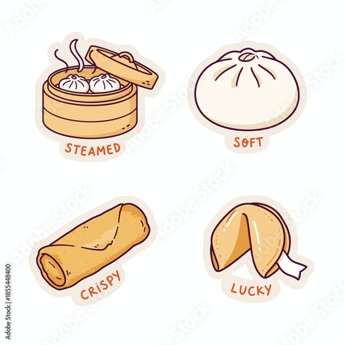 Cute Chinese Food Stickers - Steamed Dumplings, Soft Bao, Crispy Spring Roll, Lucky Fortune Cookie.
