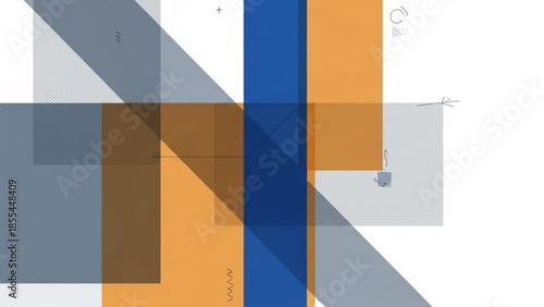 Geometric shapes in blue, orange, and gray colors with cup of coffee on white background