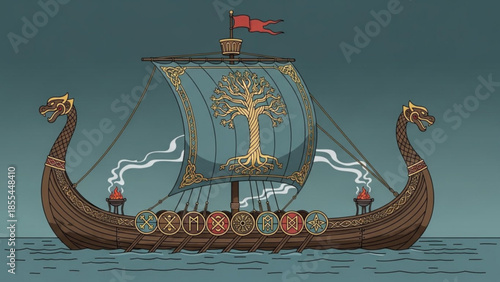 Viking ship sailing on water with dragon heads and tree symbol on sail