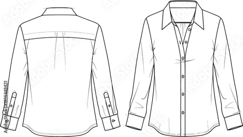 Classic Women's Long Sleeve Button-Up Shirt Technical Flat Sketch, Dress Shirt with Yoke and Cuffs, Front and Back View Vector.