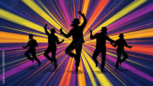 Five silhouetted people dancing energetically against vibrant colorful background