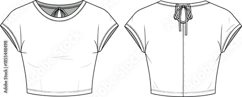 Cropped Cap Sleeve Top Technical Flat Sketch, Women's Knit Tee with Back Tie and Keyhole Detail, Front and Back View Vector.