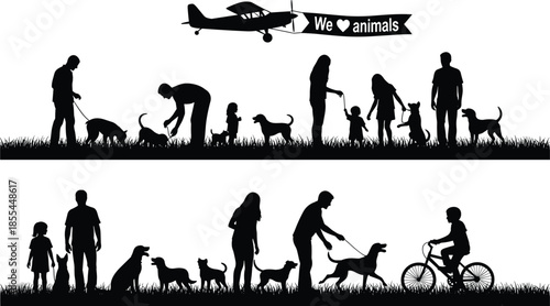 Family and pets walking in the park silhouette, people caring for their dogs, airplane banner proclaiming "We love animals" vector graphics.