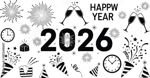 Happy New Year 2026 celebration with festive elements