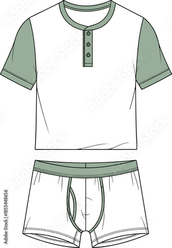 Raglan Sleeve Henley T-Shirt and Boxer Briefs Underwear Set Technical Fashion Illustration Drawing Vector Mockup for Designer Apparel Clothing CAD Template