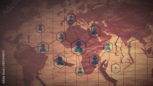 Human communication concept. Connected hexagons. Community growth. Social contacts of people connected by nodes and lines against a world map.