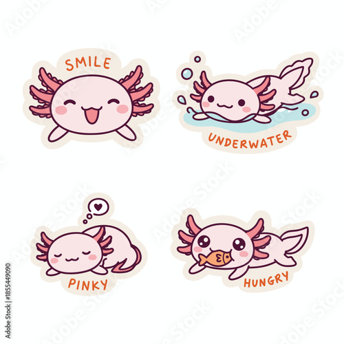 Cute Axolotl Stickers - Smile, Underwater, Pinky, and Hungry.
