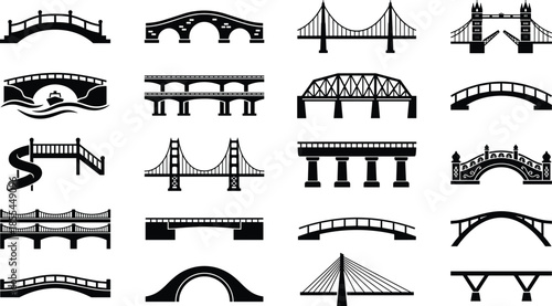 Collection of diverse bridge icons representing architectural styles, structural designs, transportation concepts, and engineering elements for maps, infographics, urban planning