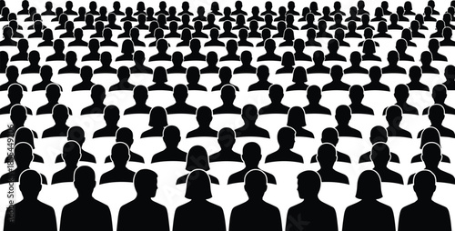 Large crowd of diverse human silhouettes standing together, population group background, community people pattern, black and white illustration concept