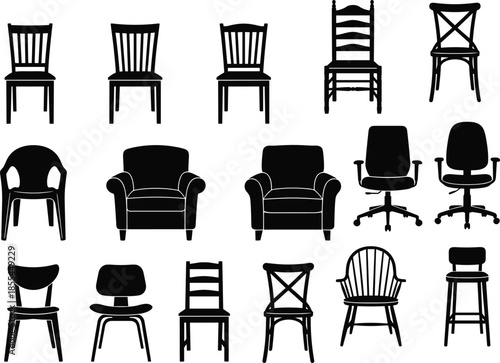 Silhouette collection of various chairs and seating furniture styles, including modern, vintage, office, armchair, dining, stool designs, isolated icons, black vector