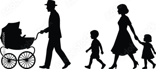 Silhouette family walking together with father pushing baby stroller, mother holding daughter’s hand, young boy walking beside them in vintage style