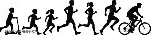 Silhouettes of children and adults running, jogging, cycling and riding scooter in active outdoor movement sequence representing fitness, exercise, sport, and healthy lifestyle