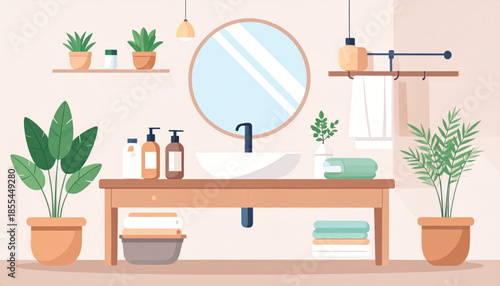 A clean and modern bathroom interior with a wooden vanity, round mirror, and several potted green plants creating a serene atmosphere.