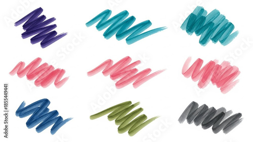 Colorful makeup brush strokes in purple, blue, pink, green, and gray hues on white background for creative design