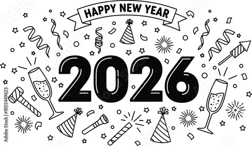Happy New Year 2026 celebration with festive party elements