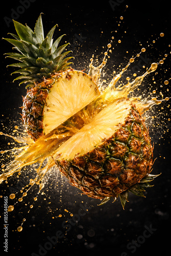 A macro closeup of a fresh yellow pineapple on a black background captures abstract white seed textures and light feather-like flora details for a nature-inspired plant aesthetic