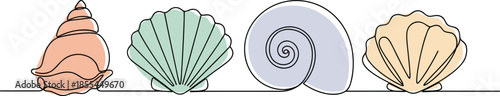 Minimalist continuous line seashell illustration with pastel colors, ocean beach conch and clam shell vector art for decor design.