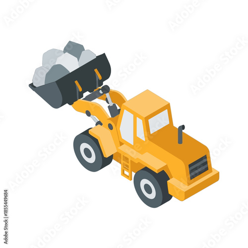 Isometric yellow front-end loader with bucket full of rocks, construction vehicle.