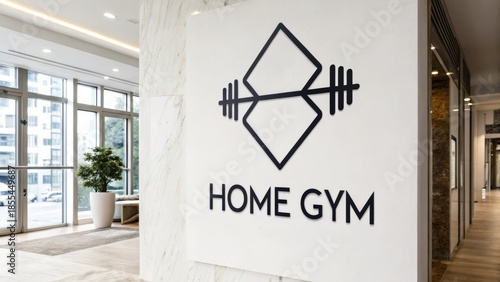 Minimalist home gym interior with modern decor natural light marble wall and motivational sign creates calm and inspiring workout space