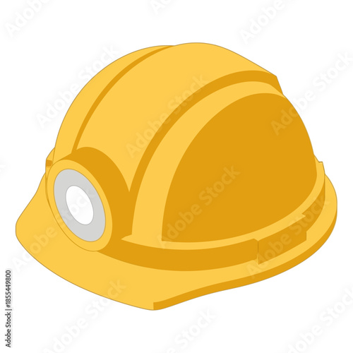 Isometric illustration of a yellow hard hat with a headlamp, a safety helmet for mining or construction workers.