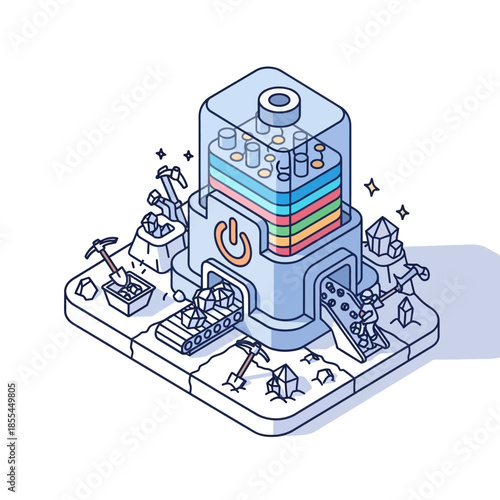 Isometric illustration of a futuristic factory with robotic machinery and colorful layered structure.