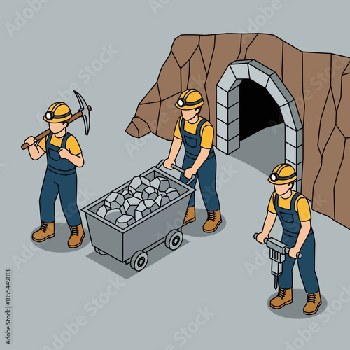 Three miners working outside a mine entrance with tools like a pickaxe, wheelbarrow, and jackhammer.