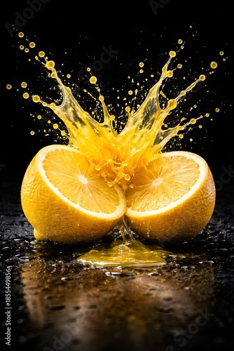 Fresh yellow lemon slice falling into liquid water with a healthy citrus splash and juicy bubbles isolated on white