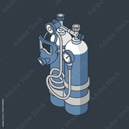 Isometric illustration of two blue oxygen tanks with a breathing mask, hoses, and pressure gauges on a dark background.