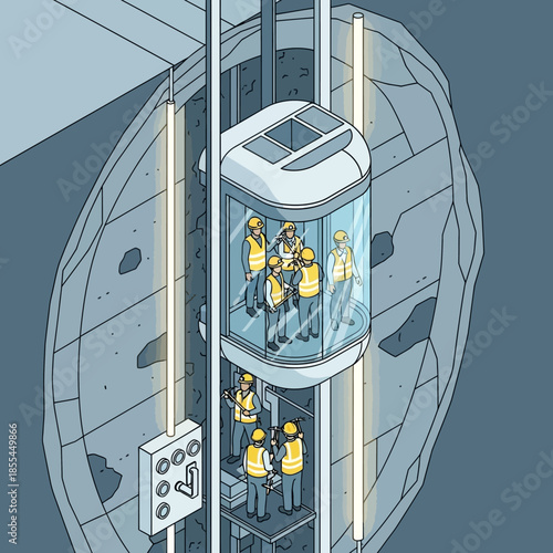 Isometric illustration of miners in a glass elevator descending a deep mine shaft with rock walls and control panels.