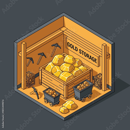 An isometric illustration of a gold storage room with crates, mining carts, and pickaxes, filled with shiny gold nuggets.