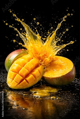 Fresh Mango Fruit with Dynamic Juice Splash on Black Background