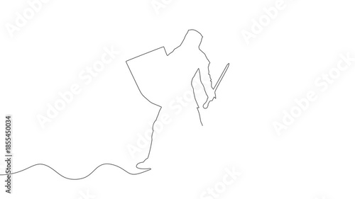 Medieval knight male warrior holding sword and shield. Hero wearing armor. Knight silhouette. Mascot and game element. Protection and security. Continuous line drawing animation.