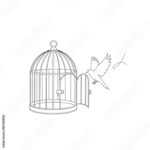 Line Art Depicting Freedom Bird Escaping from Cage.