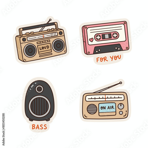 Retro Audio Equipment Sticker Set - Boombox, Cassette, Speaker, Radio.
