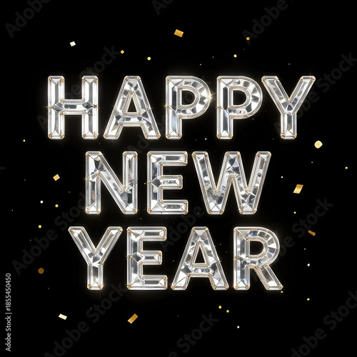 Crystal “HAPPY NEW YEAR” typography with gold confetti floating, black background