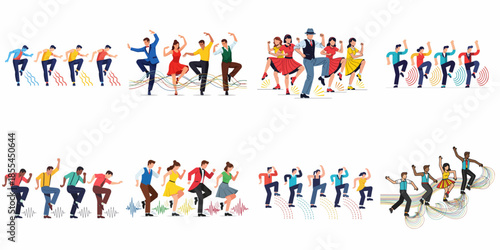 Vector illustration set of diverse groups dancing energetically, depicting various styles like swing and modern dance with colorful, rhythmic movement effects.
