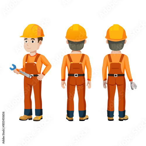 Industrial technician worker wearing helmet, overall uniform holding wrench tool. Character for animation. Front, side and back view set. Body parts, postures, poses collection. Vector illustration. S