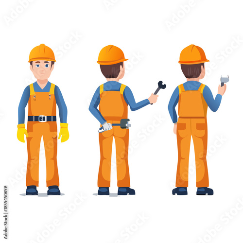 Industrial technician worker wearing helmet, overall uniform holding wrench tool. Character for animation. Front, side and back view set. Body parts, postures, poses collection. Vector illustration. S