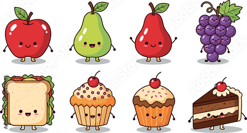 Cute cartoon food vector set, happy smiling fruits and desserts collection, adorable sweet bakery treats, fresh organic produce illustration for children's menu and grocery design.