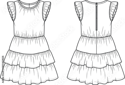 Feminine Tiered Mini Dress Fashion Technical Drawing with Ruffle Cap Sleeves, Elasticated Waistline, and Center Back Zipper, Detailed Garment Design Flat Sketch Template.
