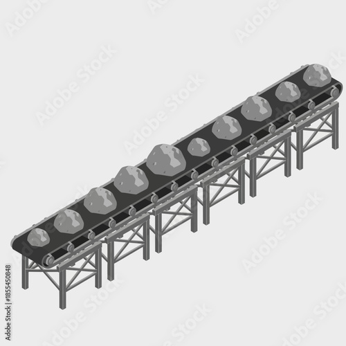 Isometric illustration of a long industrial conveyor belt system transporting rocks or ore on an elevated structure.