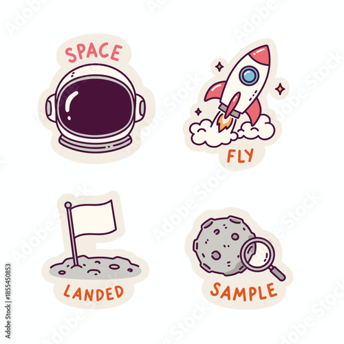 Space Exploration Stickers - Astronaut Helmet, Rocket, Moon Landing, and Sample.