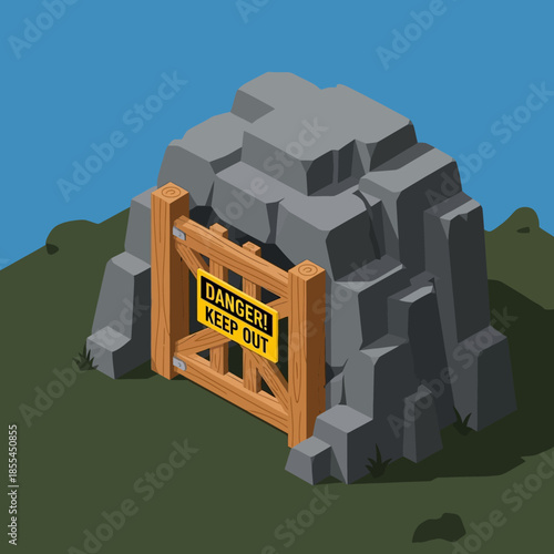 Isometric illustration of a cave entrance with a wooden gate and a "DANGER! KEEP OUT" sign.