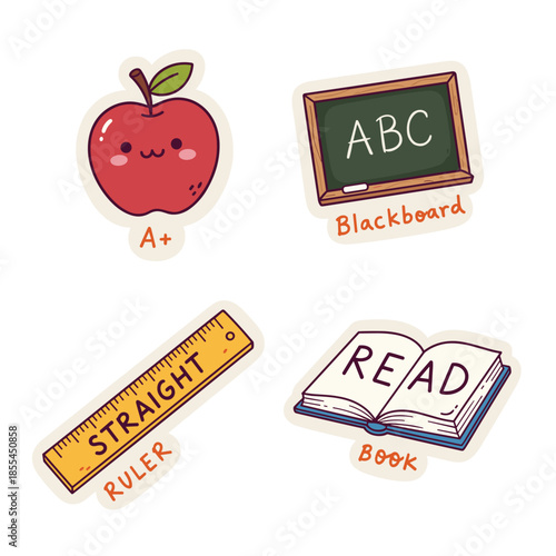 Back to School Stickers - Apple, Blackboard, Ruler, and Book.