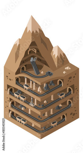 Isometric illustration of a multi-level underground tunnel system.