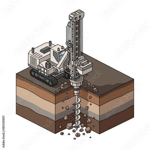 Isometric illustration of a heavy drilling rig boring into layered ground, showing excavation process.