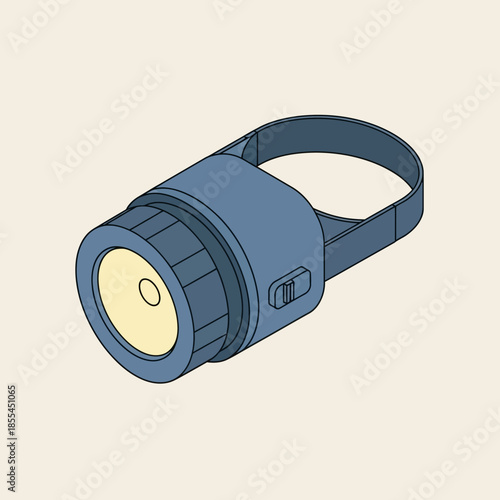 Isometric illustration of a blue flashlight with a light-colored lens and a strap, designed for portability.
