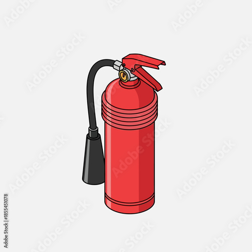 A red fire extinguisher with a black hose and nozzle, ready for emergency use and fire suppression.