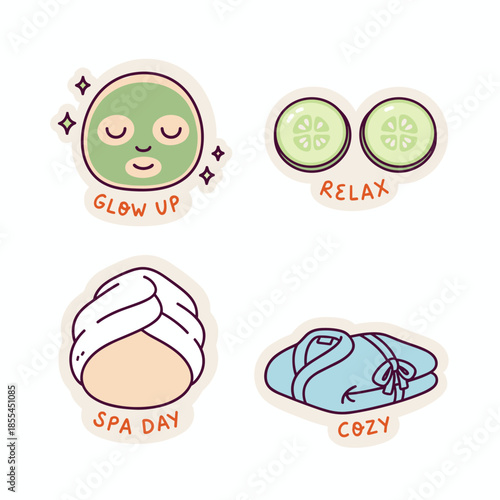 Spa Day Stickers - Facial Mask, Cucumber Slices, Towel Wrap, and Cozy Robe.