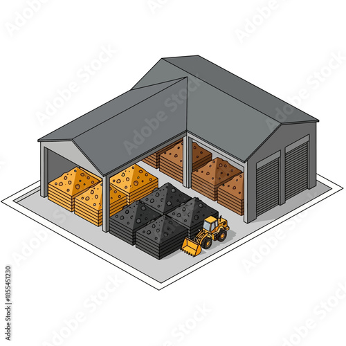 Isometric illustration of an industrial warehouse facility storing various bulk materials like sand, coal, and wood chips, with a front-end loader.